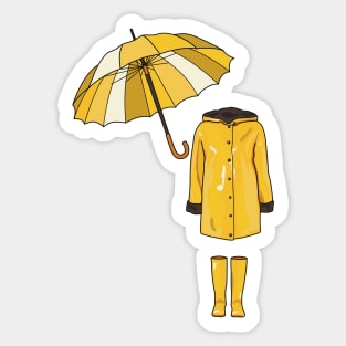 Yellow raincoat with yellow wellington boots and yellow multi toned umbrella. Cute fashion statement ready for the rain. Sticker